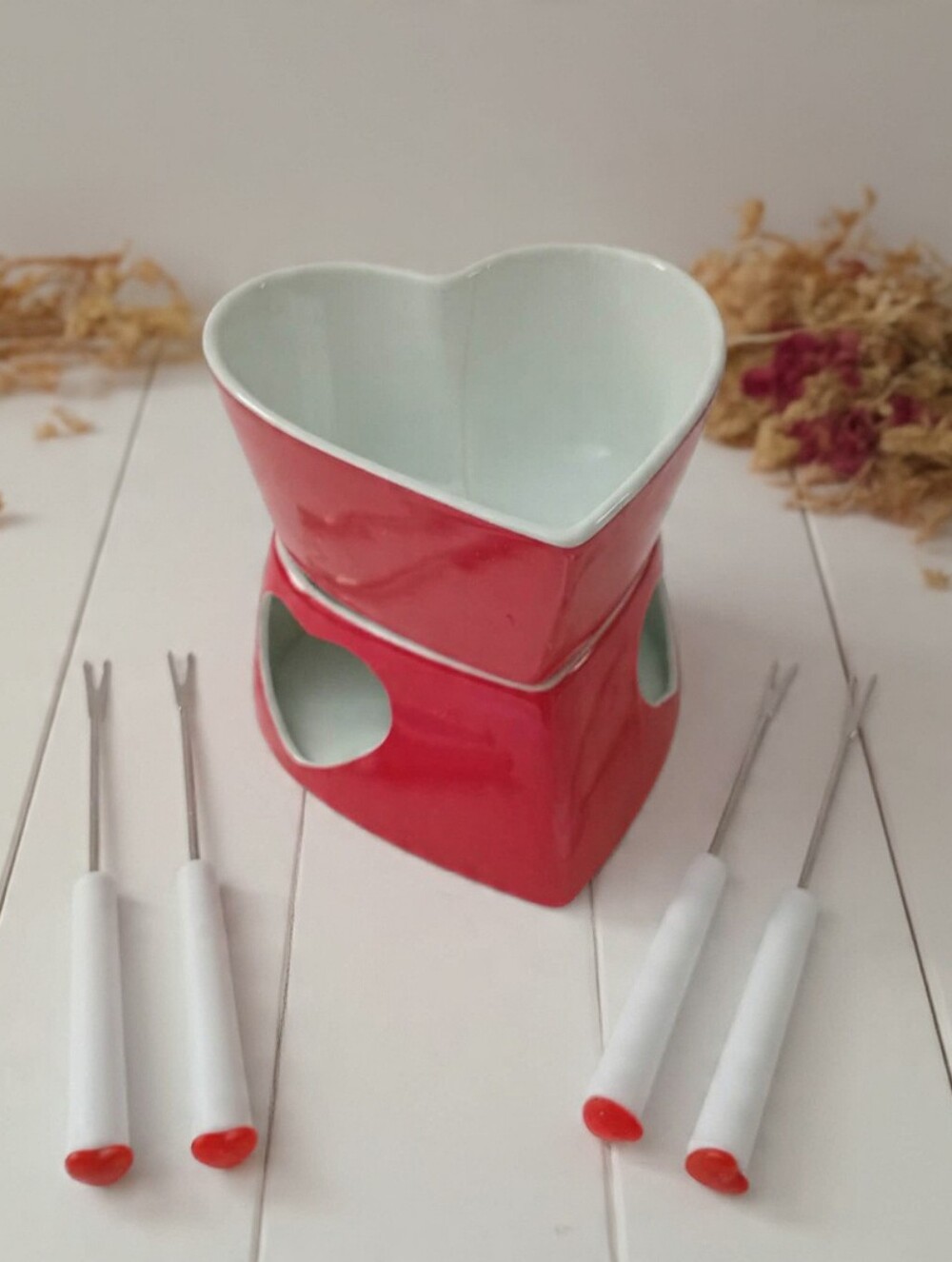 Stokes Heart-Shaped Chocolate Fondue Set | Red Ceramic | 4 Forks